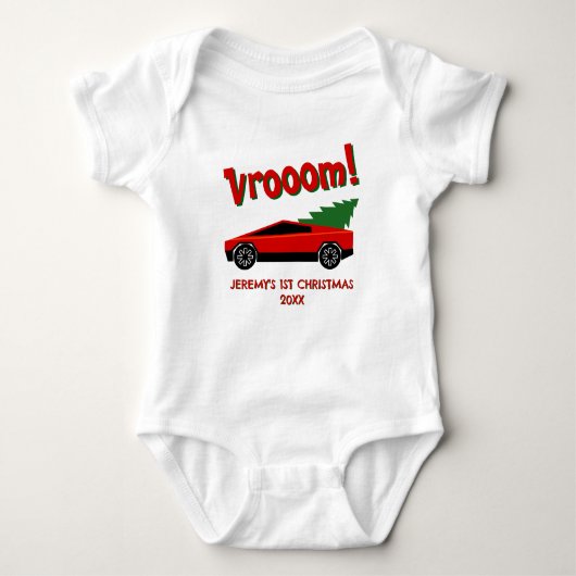Vroom! Red Tesla truck with a Christmas tree cute  Romper (Voorkant)