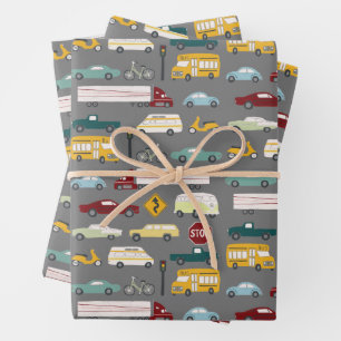 Vroom. Verkeerspatroon auto's vrachtwagens bus Bik Inpakpapier Vel