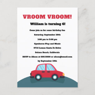 Vroom Vroom Cars verjaardagsfeestje uitnodiging