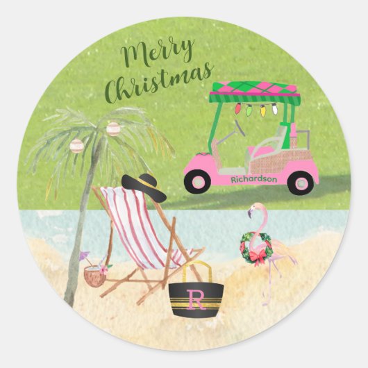 Vrory kerstgolf Cart Beach Monogram Naam Ronde Sticker (Voorkant)