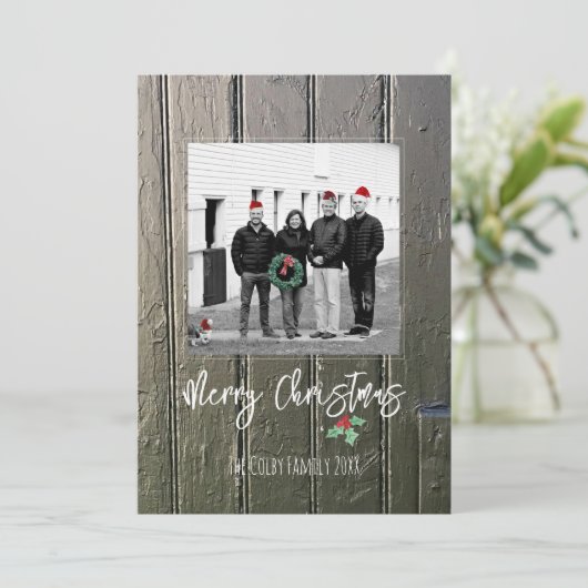 Vrory Kerstmis Holly Barn Deuren Foto naam Feestdagenkaart (Staand voorkant)