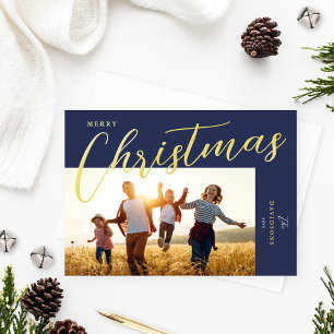 Vrory Kerstmis Modern Blue Gold Script Foto Folie Feestdagenkaart