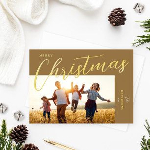 Vrory Kerstmis Modern Bronze Gold Script Foto Folie Feestdagenkaart