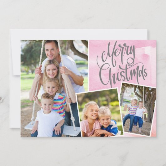 Vrory Kerstmis Modern Pink Waterverf Drie Foto (Voorkant)