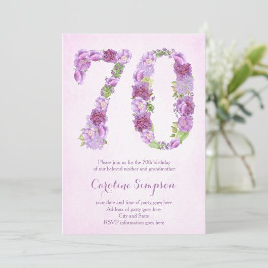 vrouw 70e verjaardag uitnodigingen , lavender nodi (Staand voorkant)