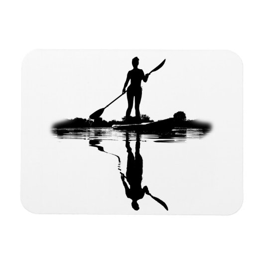 Vrouw aan subeboard, reflectie over het inpakken v magneet (Horizontaal)