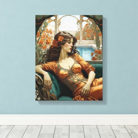 Vrouw achterover leunen - Art Nouveau stijl Canvas Afdruk (Insitu (Houten vloer))