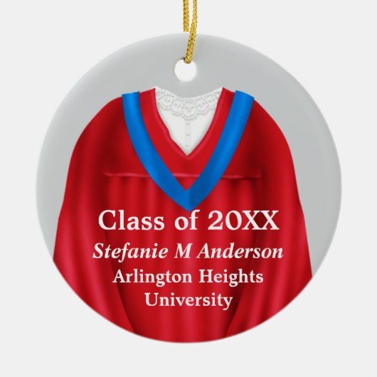Vrouw Afstudeerder Gown Rood en Blauw Ornament (Voorkant)