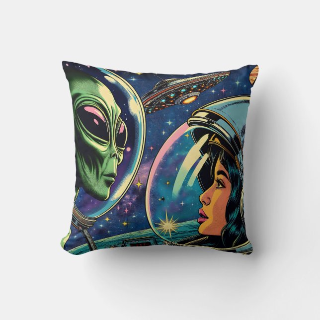 Vrouw astronaut ontmoet buitenaardse alien kussen (Voorkant)