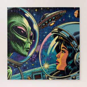 Vrouw astronaut ontmoet buitenaardse alien legpuzzel