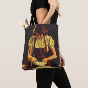 Vrouw bakt vintage draagtas
