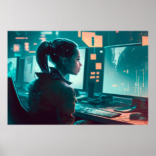 Vrouw bij een computer in een stad van de toekomst poster