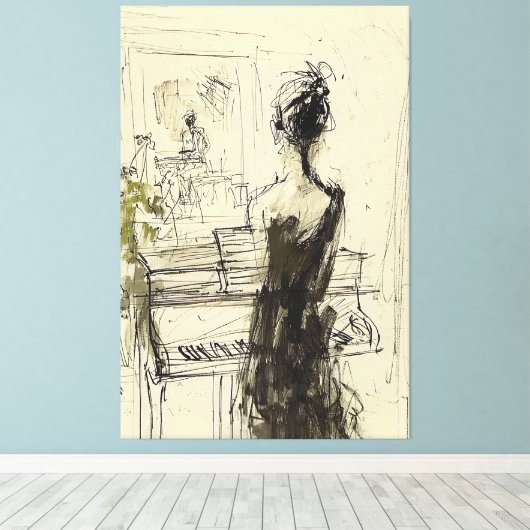 Vrouw bij Piano Sketch - Canvas Afdruk (Insitu (Houten vloer))