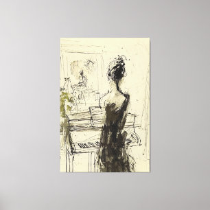 Vrouw bij Piano Sketch - Canvas Afdruk