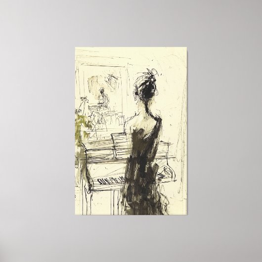 Vrouw bij Piano Sketch - Canvas Afdruk (Voorkant)
