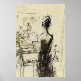 Vrouw bij Piano Sketch - Poster