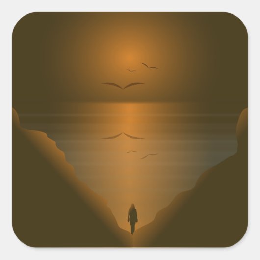 VROUW BIJ ZEE SUNSET VIERKANTE STICKER (Voorkant)