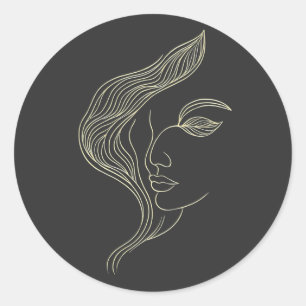Vrouw blad elegante lijnkunst profiel ronde sticker
