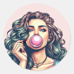 Vrouw Blowing Bubble gum bubble art Ronde Sticker
