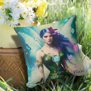 Vrouw Blue Hair Fairy Portret in Green Dress Kussen