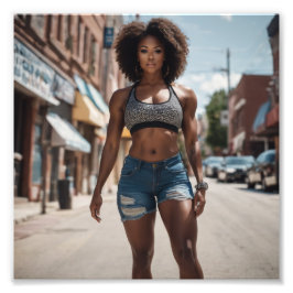 Vrouw Bodybuilder Afro Meisje Denim Shorts Street Foto Afdruk