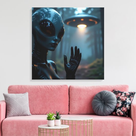 Vrouw buitenaardse wezens en UFO’s Canvas Afdruk (Insitu (Woonkamer))