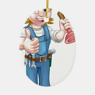 Vrouw Cartoon Plumber Holding Plunger Keramisch Ornament