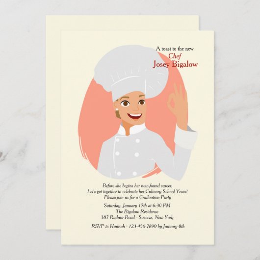 Vrouw Chef Afstuderen Uitnodiging (Voorkant / Achterkant)