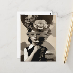  vrouw Collage Floral Sepia Briefkaart