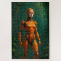 Vrouw Cyborg Oerwoud Sentinal in Oranje pantser