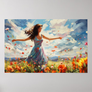 Vrouw dansen vrolijk in een veld van wilde bloemen poster