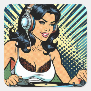 Vrouw Deejay Jamming Pop Art Vierkante Sticker