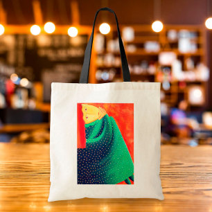 Vrouw denkt aan fijne kunstschilderijen tote bag