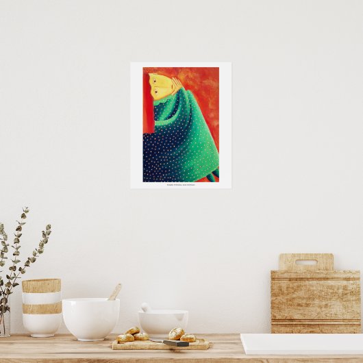 Vrouw denkt aan het schilderen van hedendaagse kun poster (Keuken)