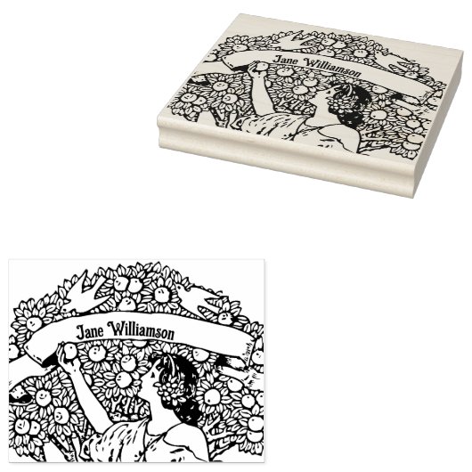 Vrouw die appels plukt 	rubberstempel (Gestempeld)