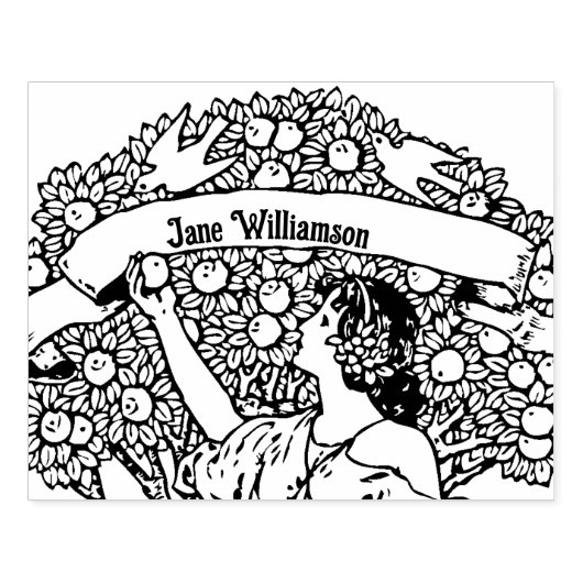 Vrouw die appels plukt 	rubberstempel (Afrduk)