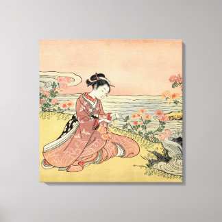 Vrouw die chrysanten plukt canvas afdruk