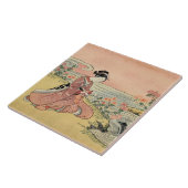 Vrouw die chrysanten plukt tegeltje (Zijkant)