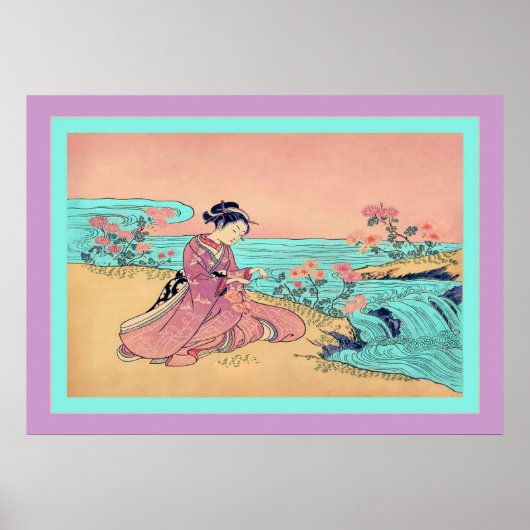 Vrouw die Chrysanthema's speelt ~  Japans Poster (Voorkant)