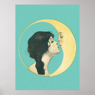 Vrouw die de maan kust kunstprint poster