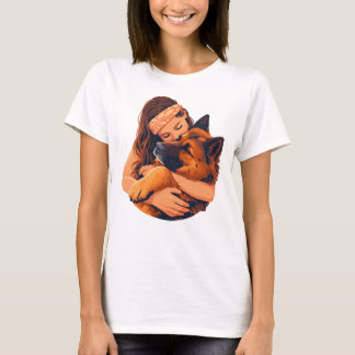 Vrouw die Duitse herdershond knuffelt T-shirt