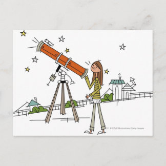 Vrouw die een astronomische telescoop gebruikt briefkaart