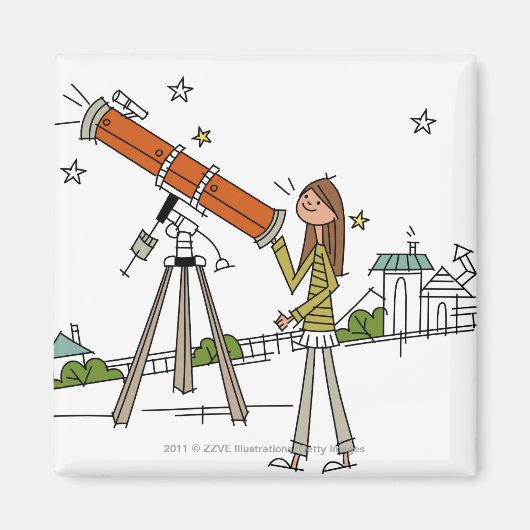 Vrouw die een astronomische telescoop gebruikt magneet (Voorkant)