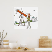 Vrouw die een astronomische telescoop gebruikt poster (Keuken)