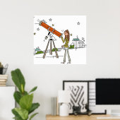 Vrouw die een astronomische telescoop gebruikt poster (Thuiskantoor)