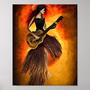 Vrouw die gitaar Red Sky Abstracte originele kunst Poster