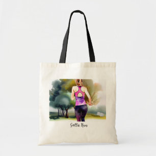 Vrouw die in het park rent tote bag