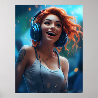 Vrouw die naar muziek met hoofdtelefoon luistert poster