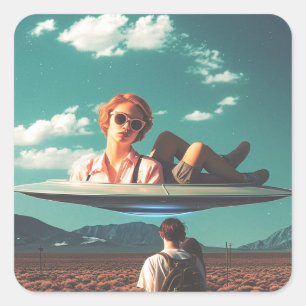 Vrouw die ontspant op UFO in de woestijn Vierkante Sticker