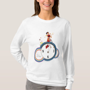 Vrouw die op een klok zit en een theekopje vasthou t-shirt